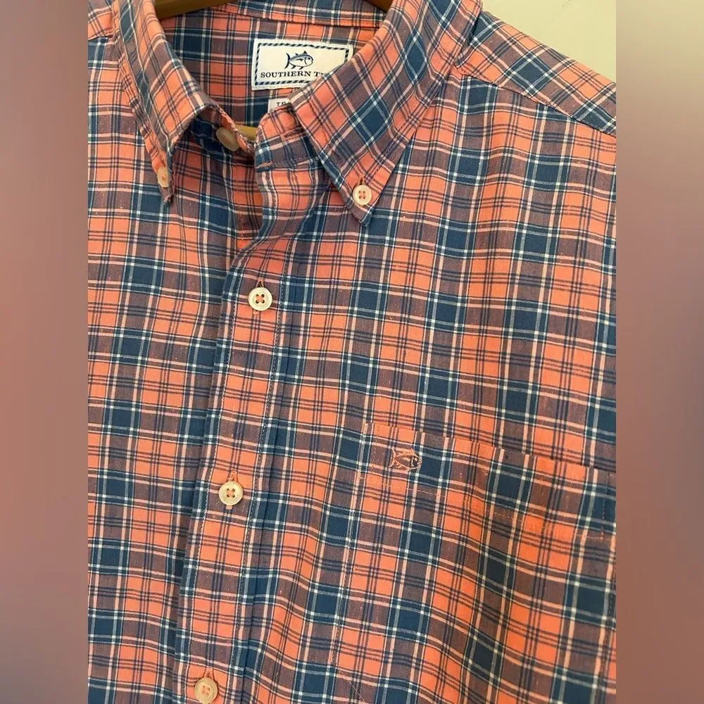 Southern Tide Linen Blend Trim Fit Plaid Button Down Shirt Pink & Blue, Large